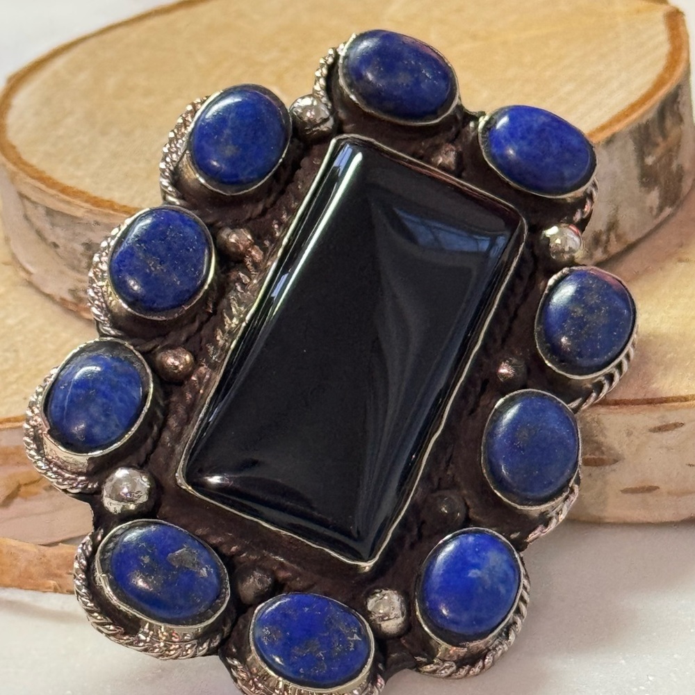 Elegant Black Onyx and Blue Lapis Adjustable Statement Piece Ring